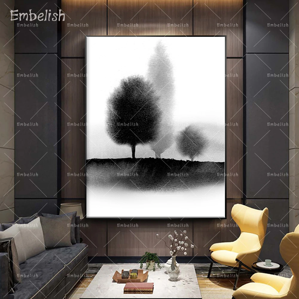 

Embelish 1 Pieces Ink Chinese Style Tree On Fog Landscape Wall Art Pictures For Living Room Modern Home Decor HD Canvas Painting