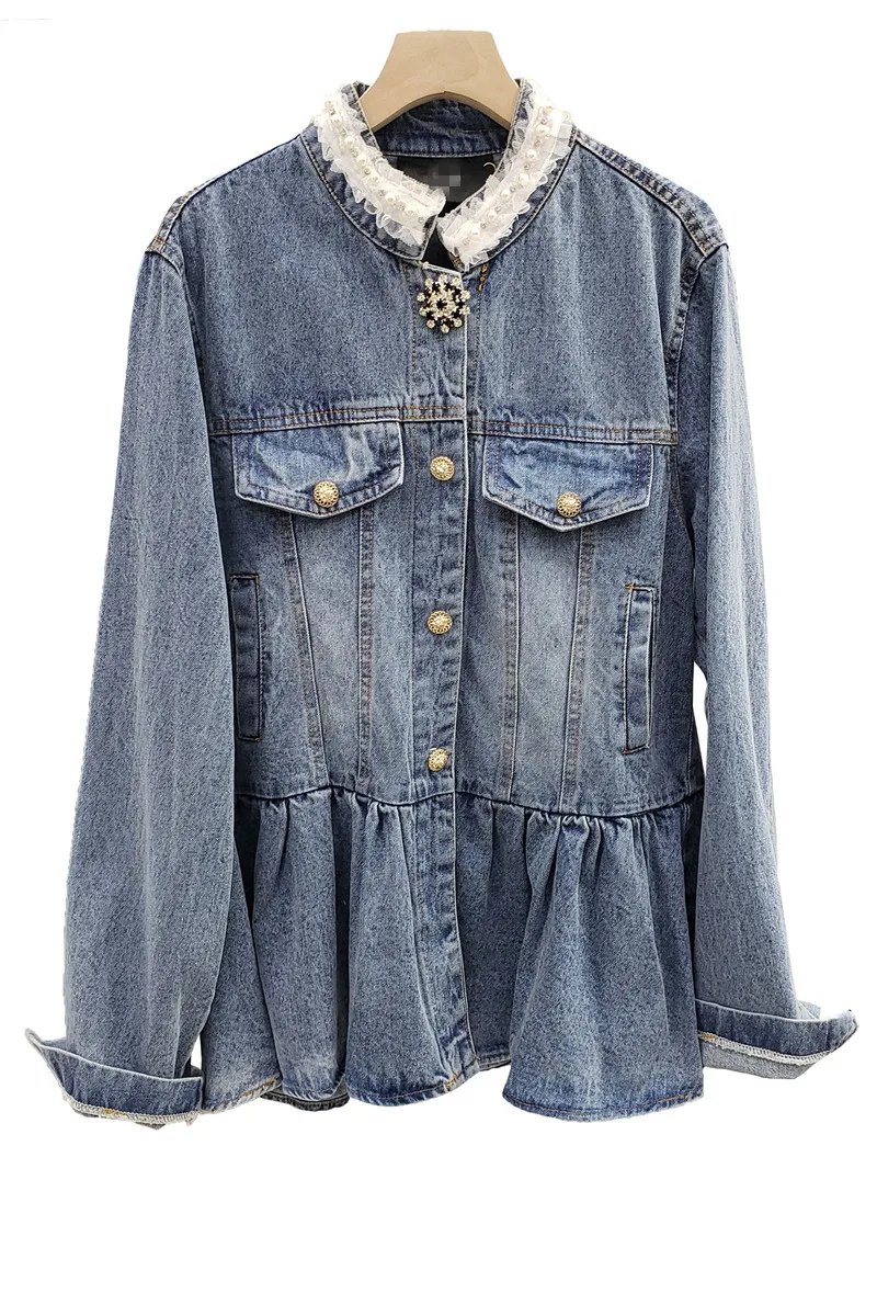 

Autumn Long Sleeve Loose Denim Jacket Heavy Industry Beads Diamonds Buttons Jeans Jackets Coat Women Stand Collar Jean Coats