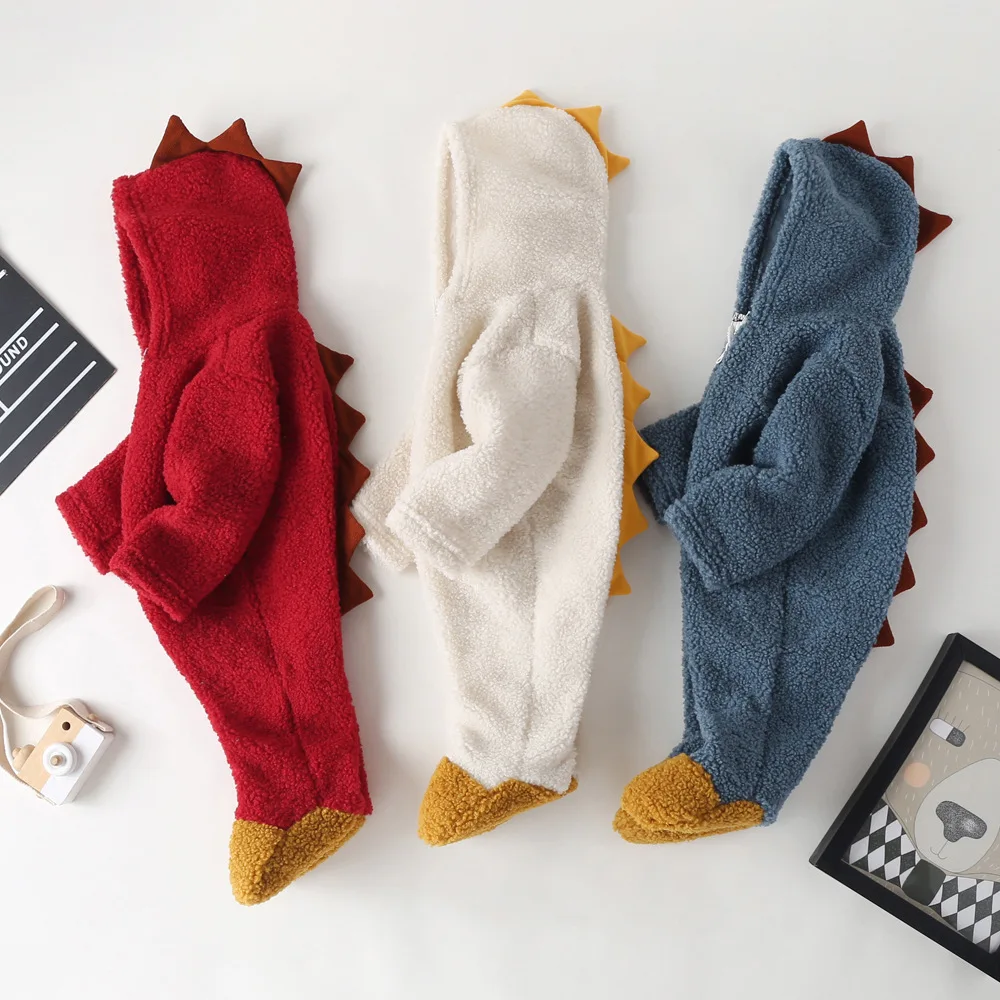 Infant Newborn Baby Thick Coral Fleece Footies Dinosaur Long Sleeve Hooded Jumpsuit Autumn Winter Warm Girls Boys White/Red/Blue | Детская