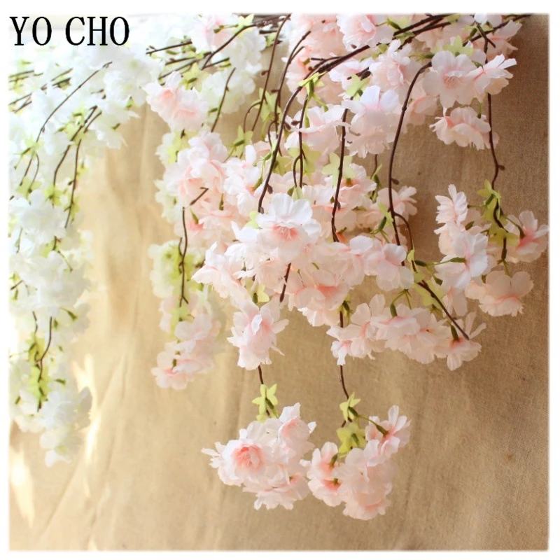 

YO CHO Cherry Vines Artificial Flower 135cm Silk Cherry Blossoms Wedding Wall Hanging Fake Flower Bridesmaid Home Party Decor