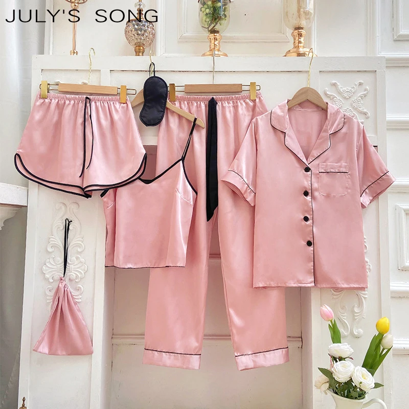 

JULY'S SONG Pink 6 Pieces Women Pajamas Set Summer Faux Silk Shorts Nightwear Casual Sling Trousers Sleepwear Female Pyjamas