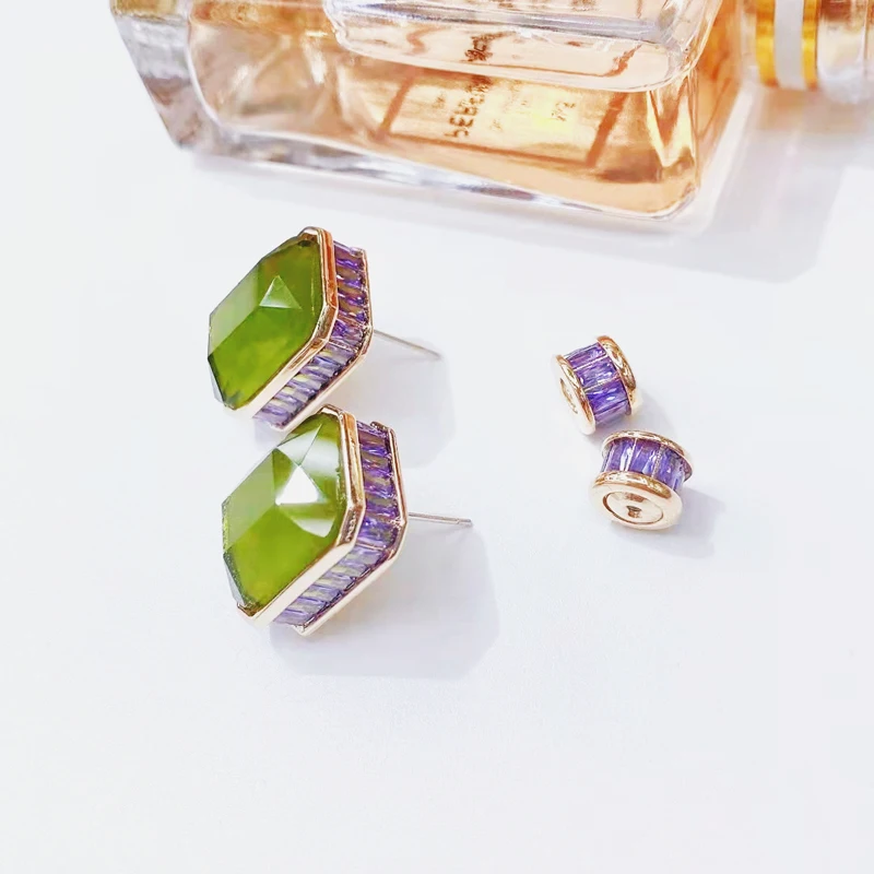 

Top New Luxury Olive Green Jade Blue Crystal Side Inlay Purple Zirconia S925 Silver Studs Earrings For Women Fashion Jewelry