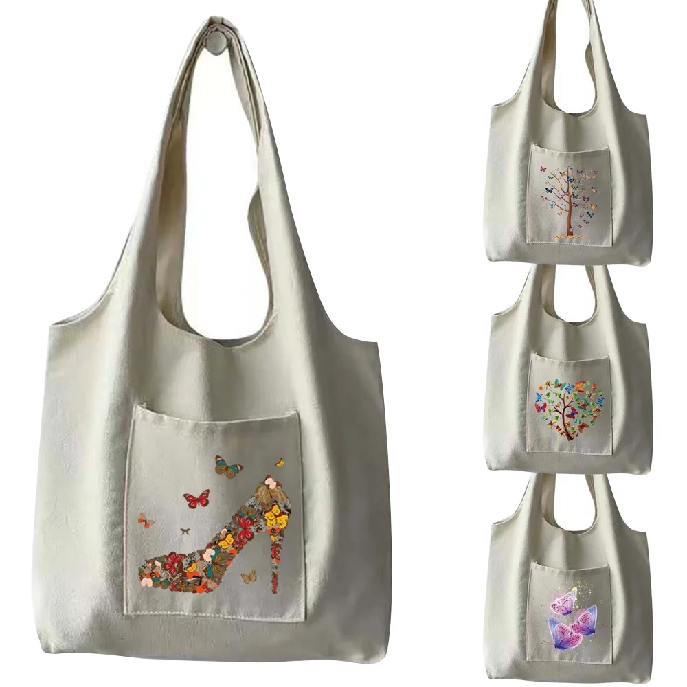 

2021 Women Shopping Bag Polyester Canvas Fashion Pattern Shoulder Bag Handbag Foldable Grocery with Pockets Girl Travel Tote Bag