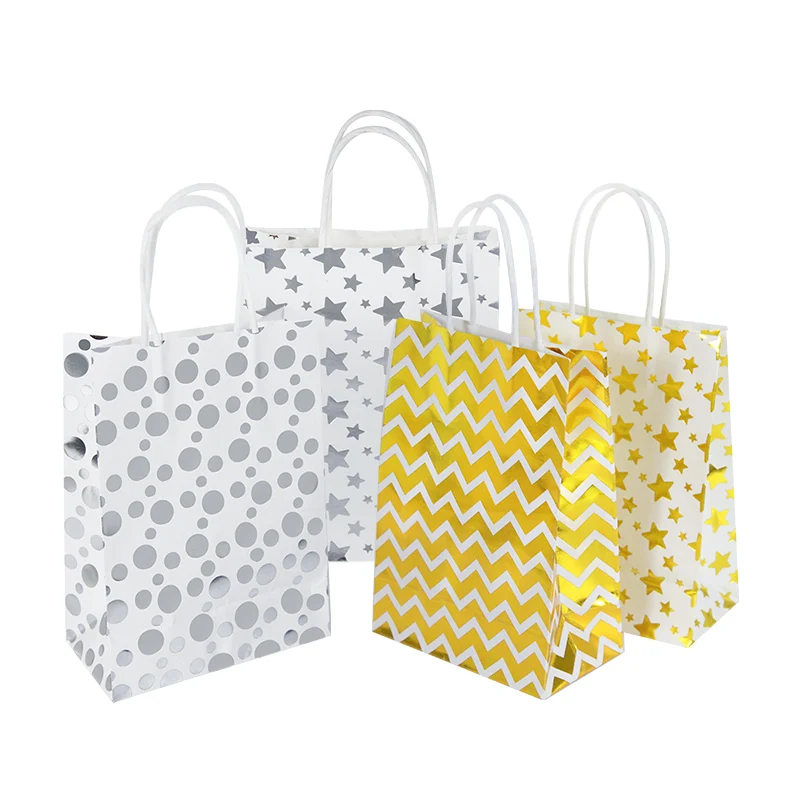 

5Pcs Gold Silver Star Dot Handles Gift Bags Birthday Wedding Party Favor Cake Dessert Candy Packing Bags Baby Shower Paper Bags