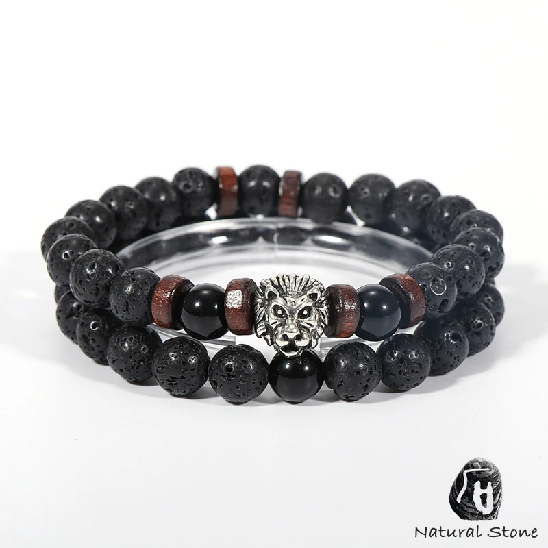 Мужской браслет из натурального камня лица тигровый глаз и лавовый камень