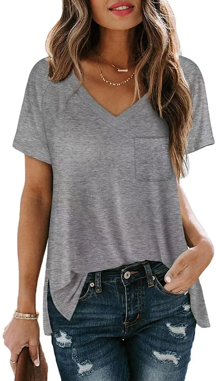 

European and American T-shirt 2021 new pullover solid color short-sleeved V-neck pocket loose hem blouse harajuku shirt