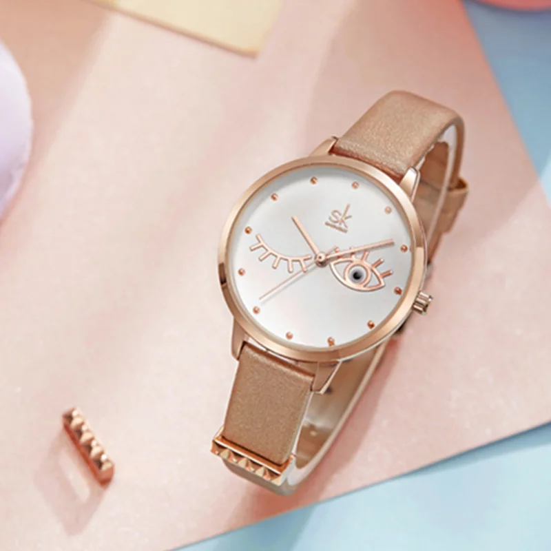 Часы Shengke женские водонепроницаемые под розовое золото с кожаным ремешком |