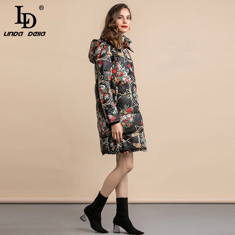 LD LINDA Делла, зимняя теплая утолщенная куртка-пуховик на белом утином пуху, винтажное длинное женское пальто с цветочным принтом, пальто с капюшоном, верхняя одежда