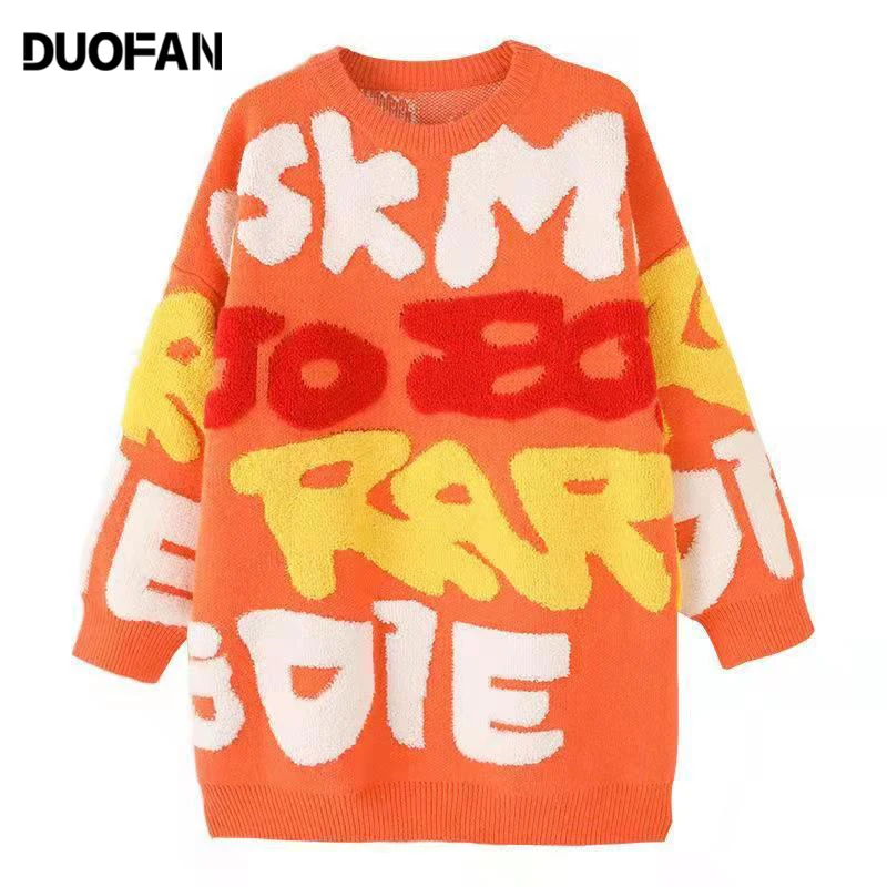 

DUOFAN женский свободный толстый свитер с вышивкой Женские Оранжевые свитера большого размера средней длины трикотажный топ большого размера...