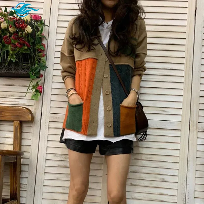 

Женский вязаный кардиган, повседневный свободный винтажный свитер контрастных цветов в стиле пэчворк с длинным рукавом и V-образным вырезо...