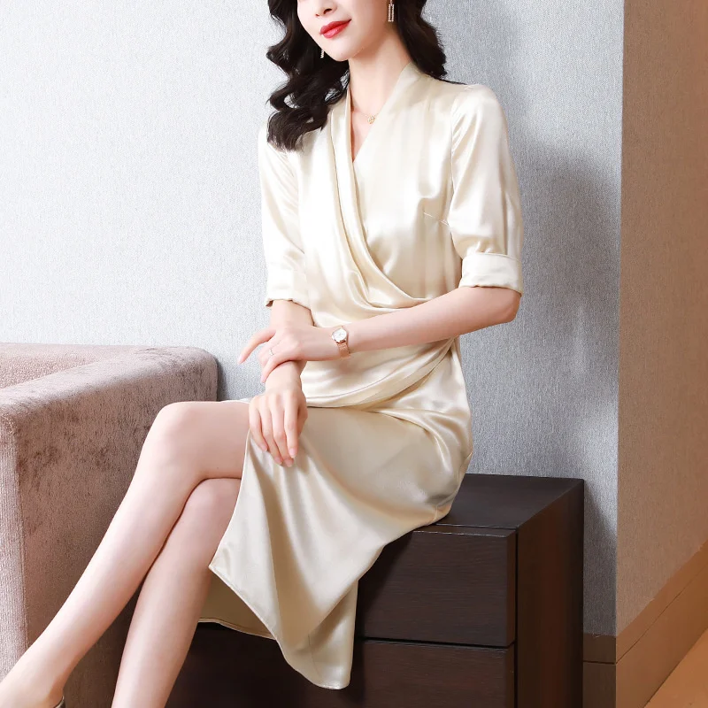 

CMAZ Lady Acetate Satin Dress for Women Summer 2021 New Summer Slim High-End French Professional Slit Sheath Skirt