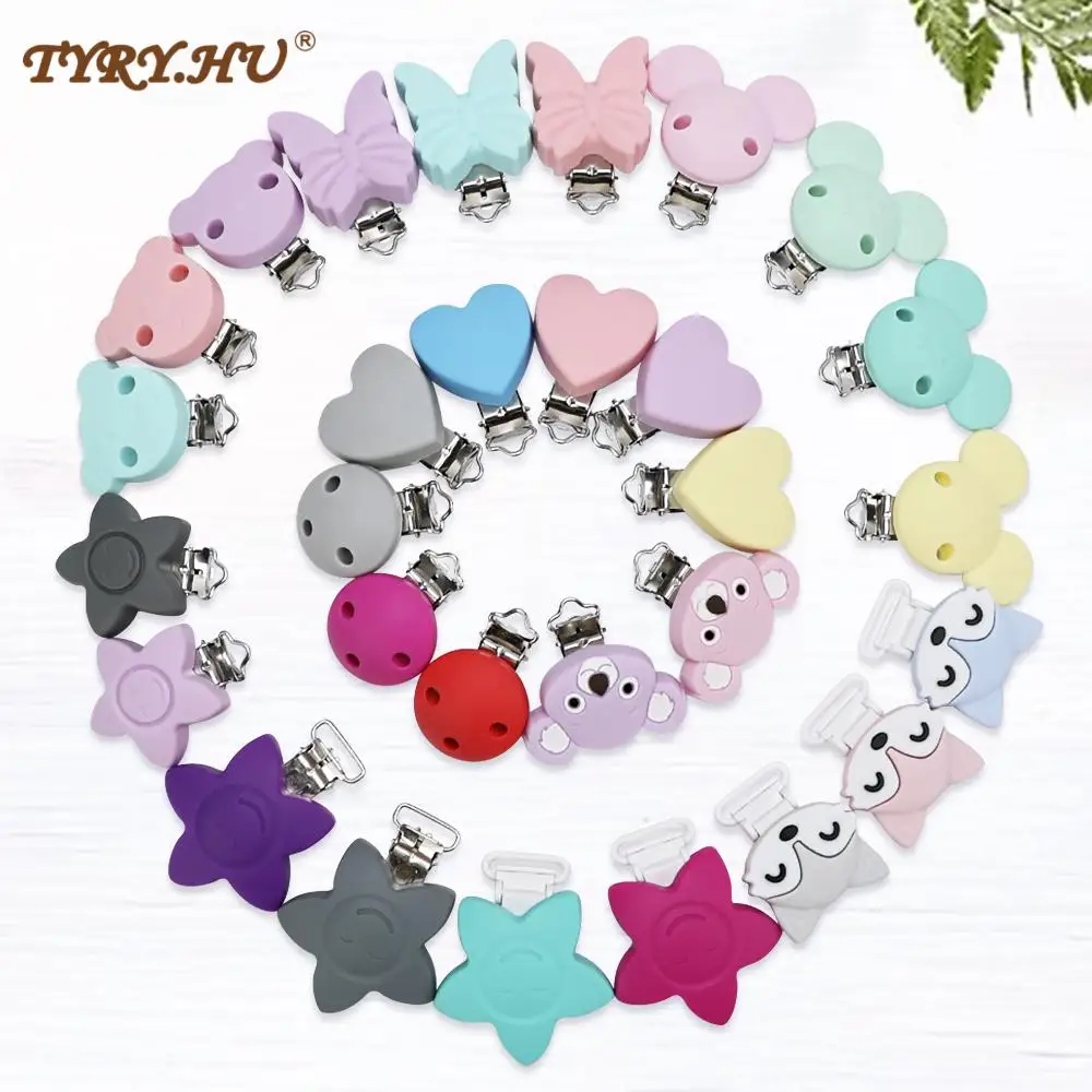 

TYRY.HU 50 PCS Silicone Teether Clips Round Bear Star DIY Baby Pacifier Dummy Chain Holder Soother Nursing Jewelry Toy Clips