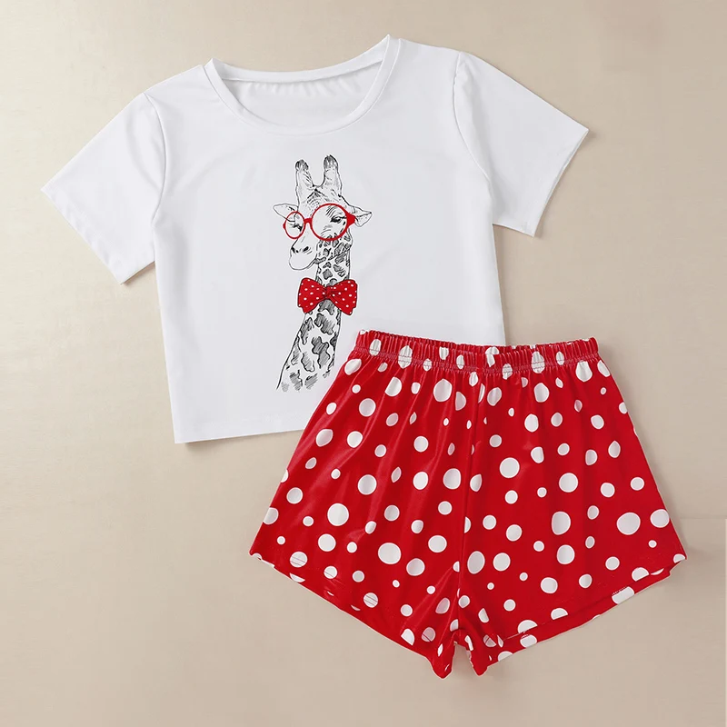 

2021 Sexy Giraffe Print Whiter Short Sleeve Tshirt Red Polka Dot Print Shorts Two Pieces Sets Women Pajama Sets Dropshipping