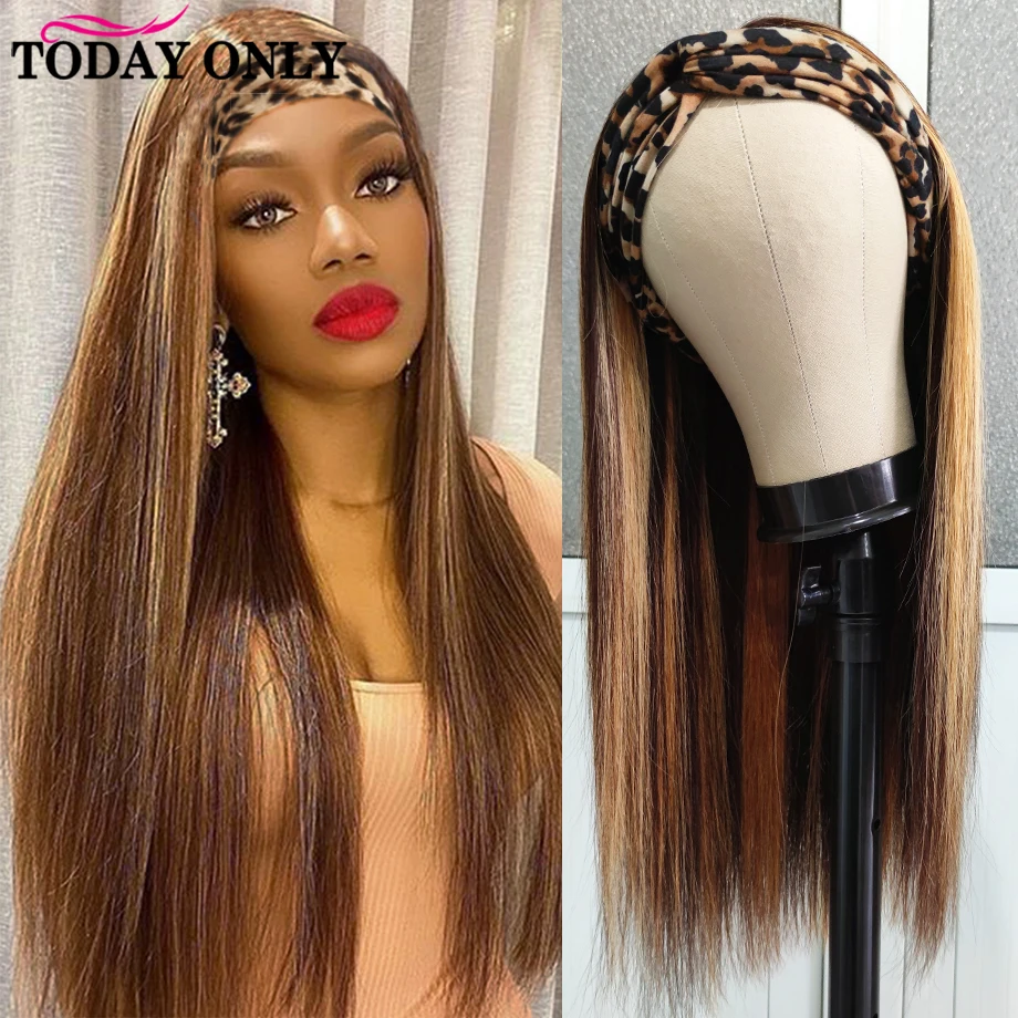 Headband Wig Human Hair Straight Highlight Ombre Honey Blonde Wigs For Woman 30 Inch Brazilian Glueless Full Machine Made Wig