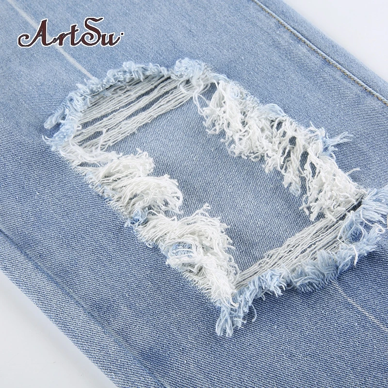 

Artsu Distressed Holes Ribbed Blue Jeans Women Harajuku Fashion Straight Long Trousers Streetwear Denim Pants Capris 42432