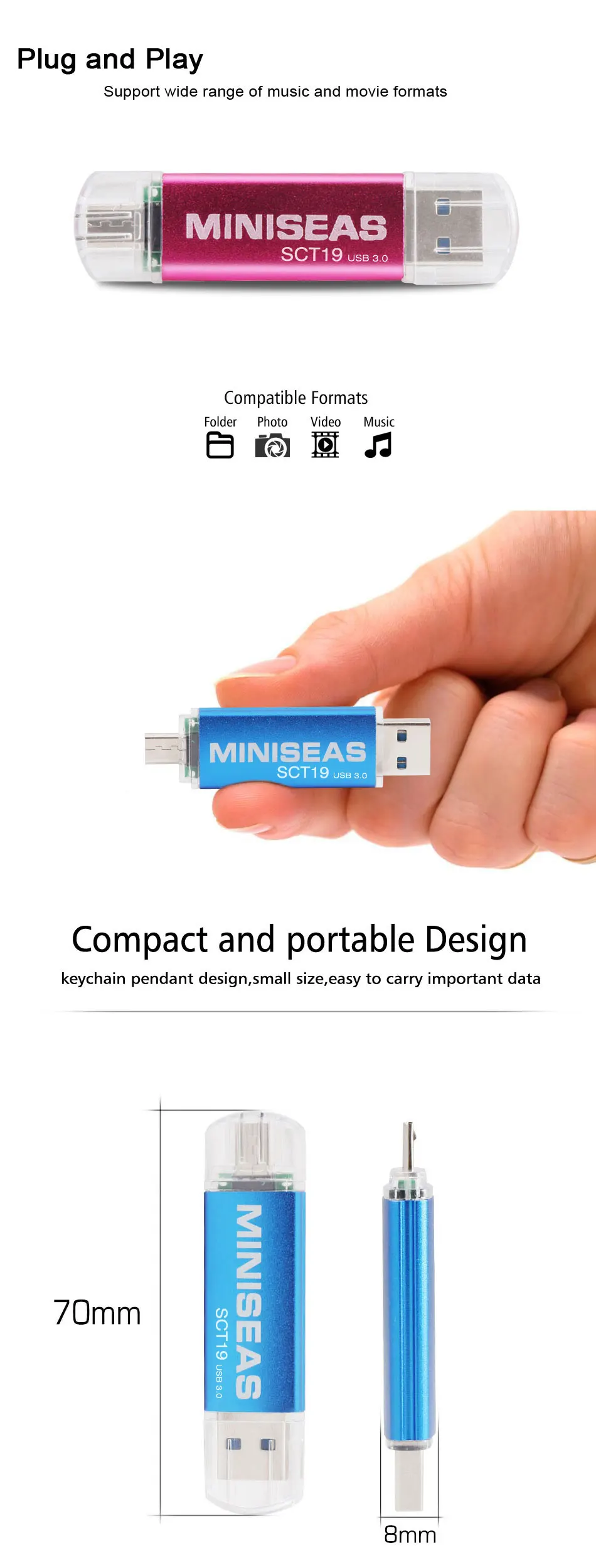 Usb 3,0 Miniseas OTG USB флеш-накопитель для смартфонов/планшетов/ПК 8 ГБ 16 ГБ 32 ГБ 64 Гб 128 ГБ флеш-накопитель высокоскоростной флеш-накопитель