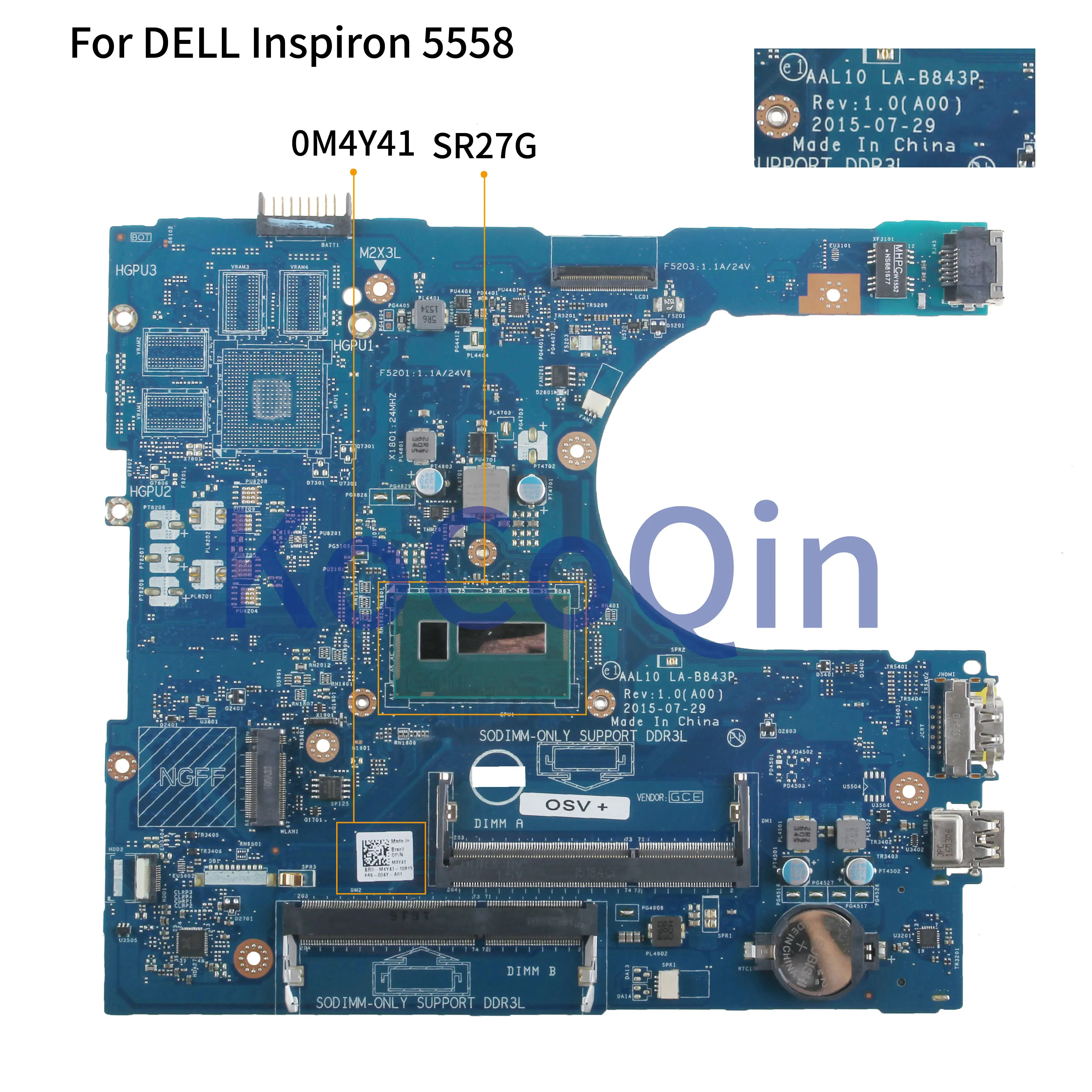 KoCoQin ноутбук материнская плата для Dell Inspiron 5458 5558 5758 I3-5005U HDMI материнская плата AAL10 LA-B843P CN-0M4Y41 0M4Y41 SR27G Процессор