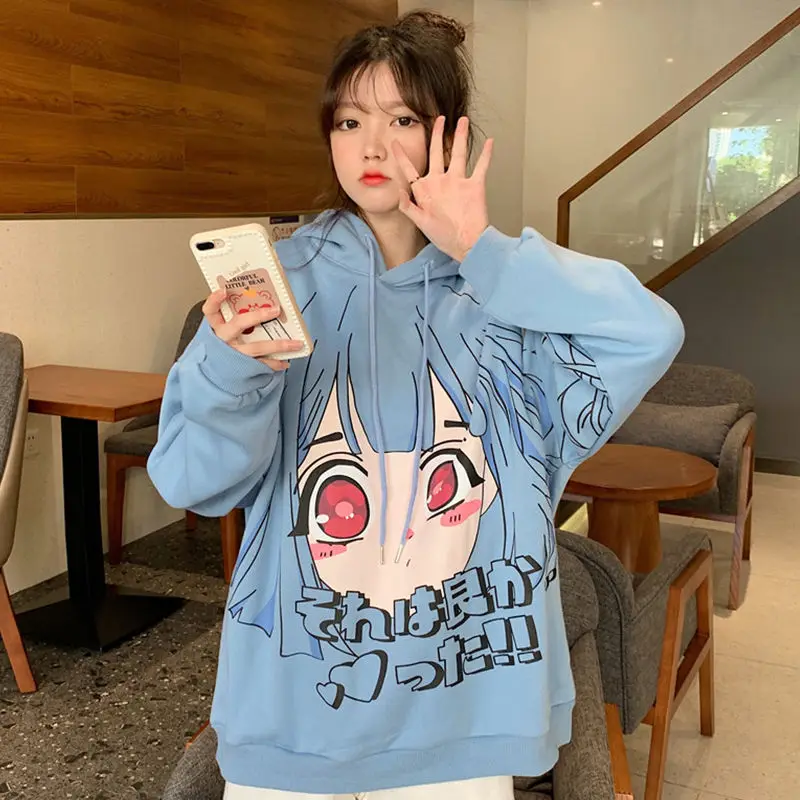 

Anime Hoodies Women Winter Sweatshirt Long Sleeve Cute Tops Loose Print Plus Velvet Warm Pullover Woman Clothes s092