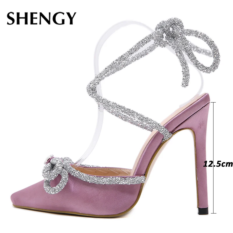 Женские атласные свадебные туфли SHENGY элегантные Серебристые туфли-лодочки с