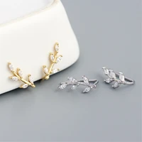 leaf shape sterling 925 silver stud hoop earrings with zircon for women gold color teens jewelry fashion ear circle ohrringe