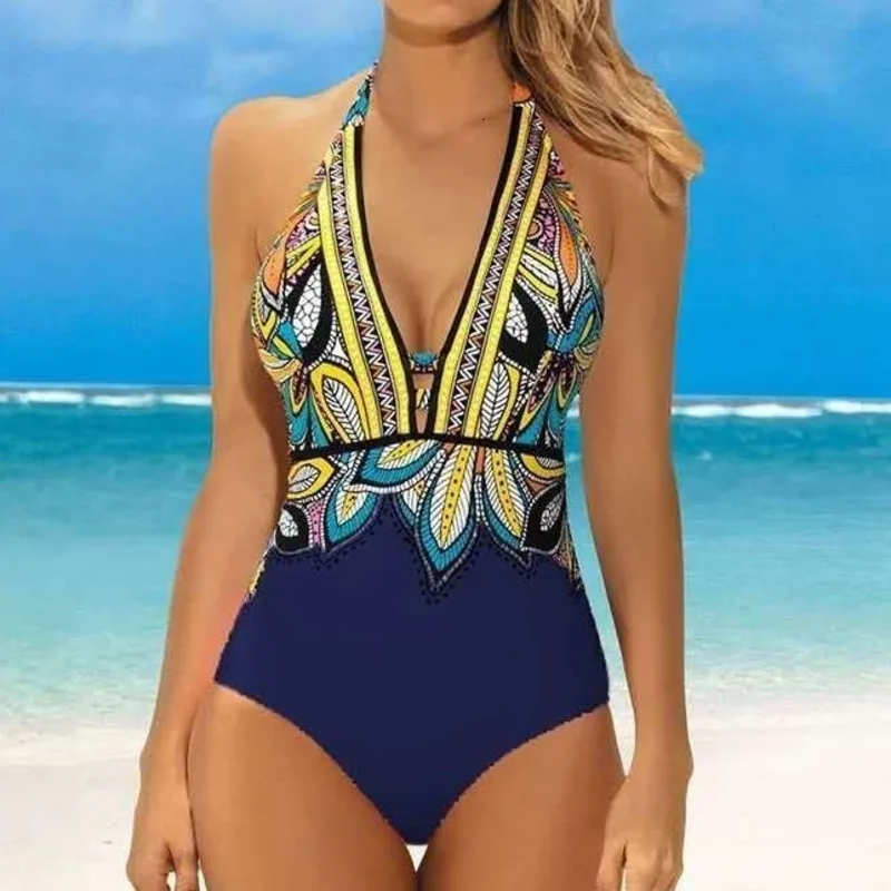 Сексуальные облегающие цельные большие купальники с закрытым принтом женский