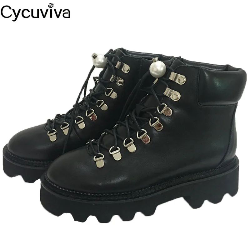 Женские ботильоны с жемчугом кожаные ботинки на толстой подошве мотоциклетная