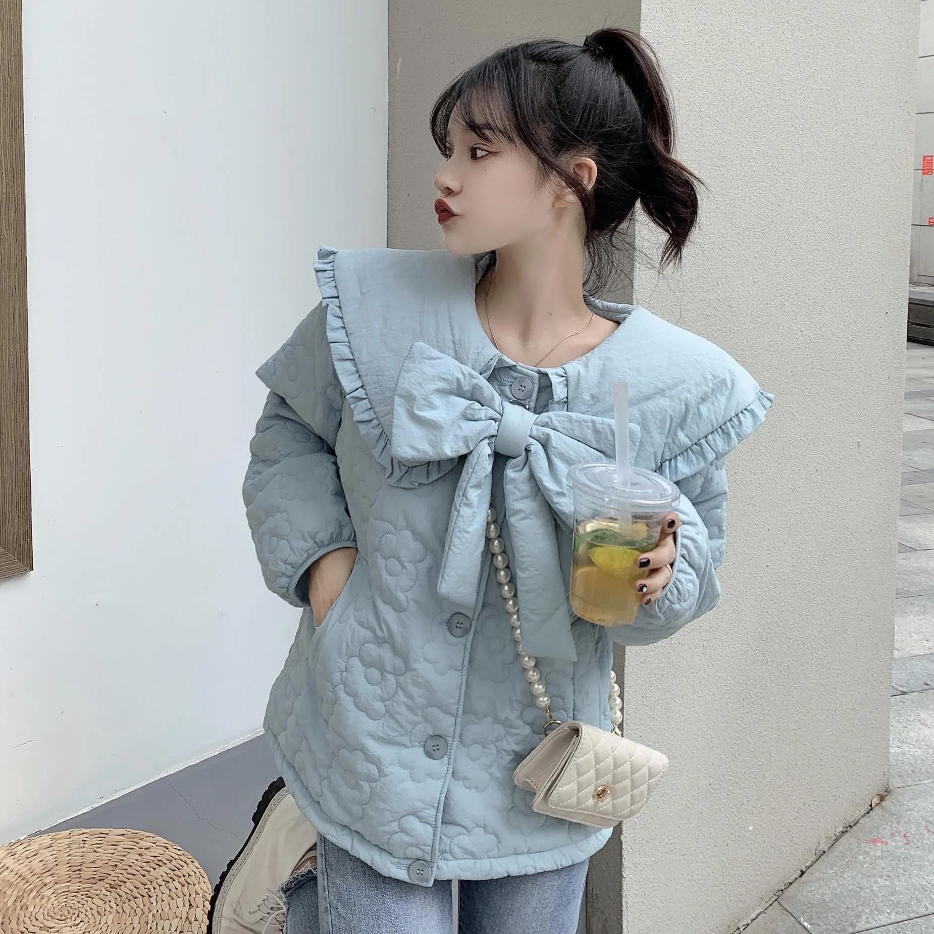 

Winter 2021 College Style Sweet Cotton Parkas Long-sleeved Doll Collar Bow Thickened Loose Cute Jacket Student Girl Clothes