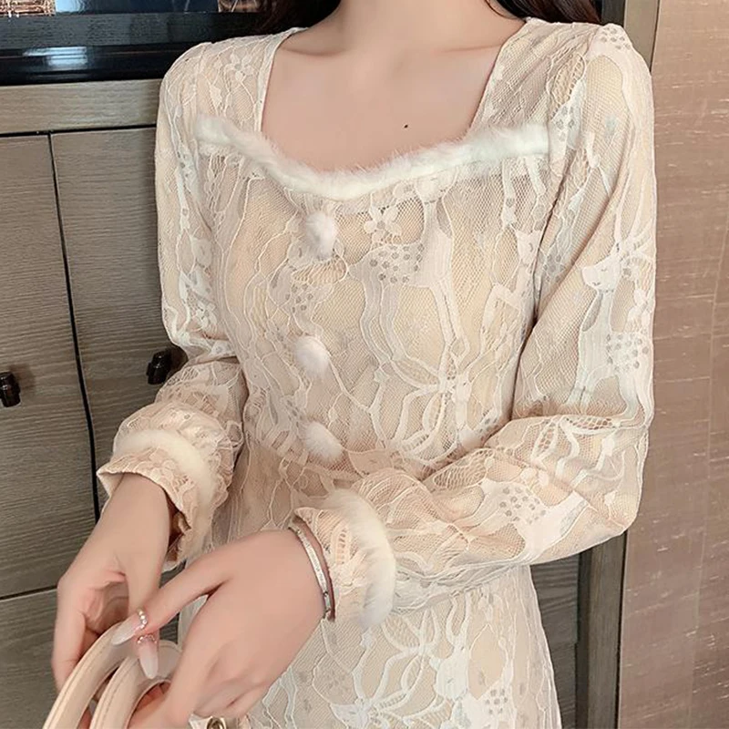 

AG-Turn Fashion Womens Spring Vintage Elegant Dress Base Dresses Ladies High-Quality Lace Stitching Fishtail Dresses Apricot New