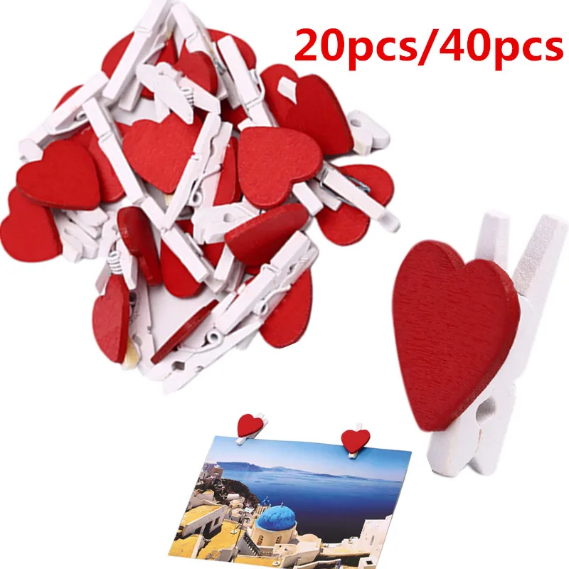 

20PCS/40PCS Mini Wooden Heart Love Clothes Photo Paper Peg Pin Clothespin Craft Postcard Clips Home Decoration Wedding Decor