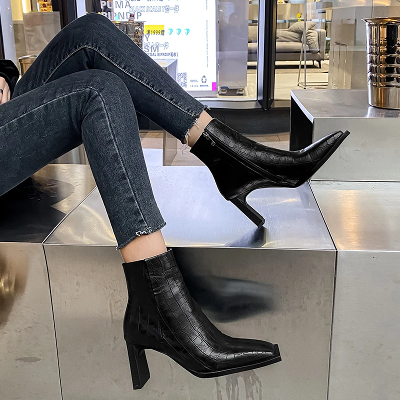 

RIZABINA New Women High Heel Ankle Boots Women Winter Warm Boots Fashion Party Shoes Women Zipper Footwear Size 35-43