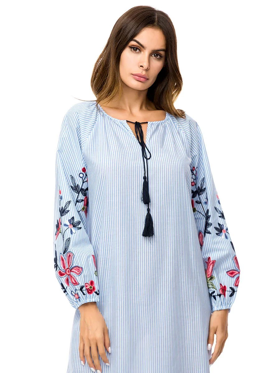 Мусульманское платье в полоску Женская Осенняя новая Корейская версия длинная