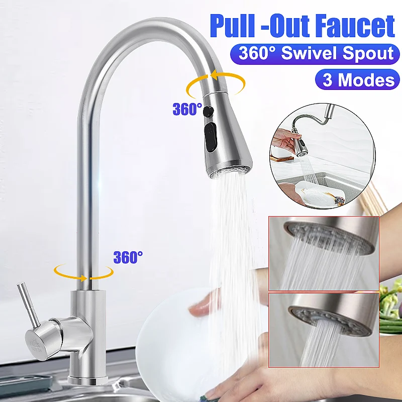 

3 mode Stainless steel Kitchen 43cm Pull-Out Faucet Tap Mixer Spout Finish Brushed 360 Swivel Spray