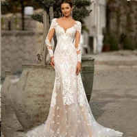 sexy deep v neck long sleeve mermaid wedding dress sweep train elegnat custom made for women robe de mariage lace appliques