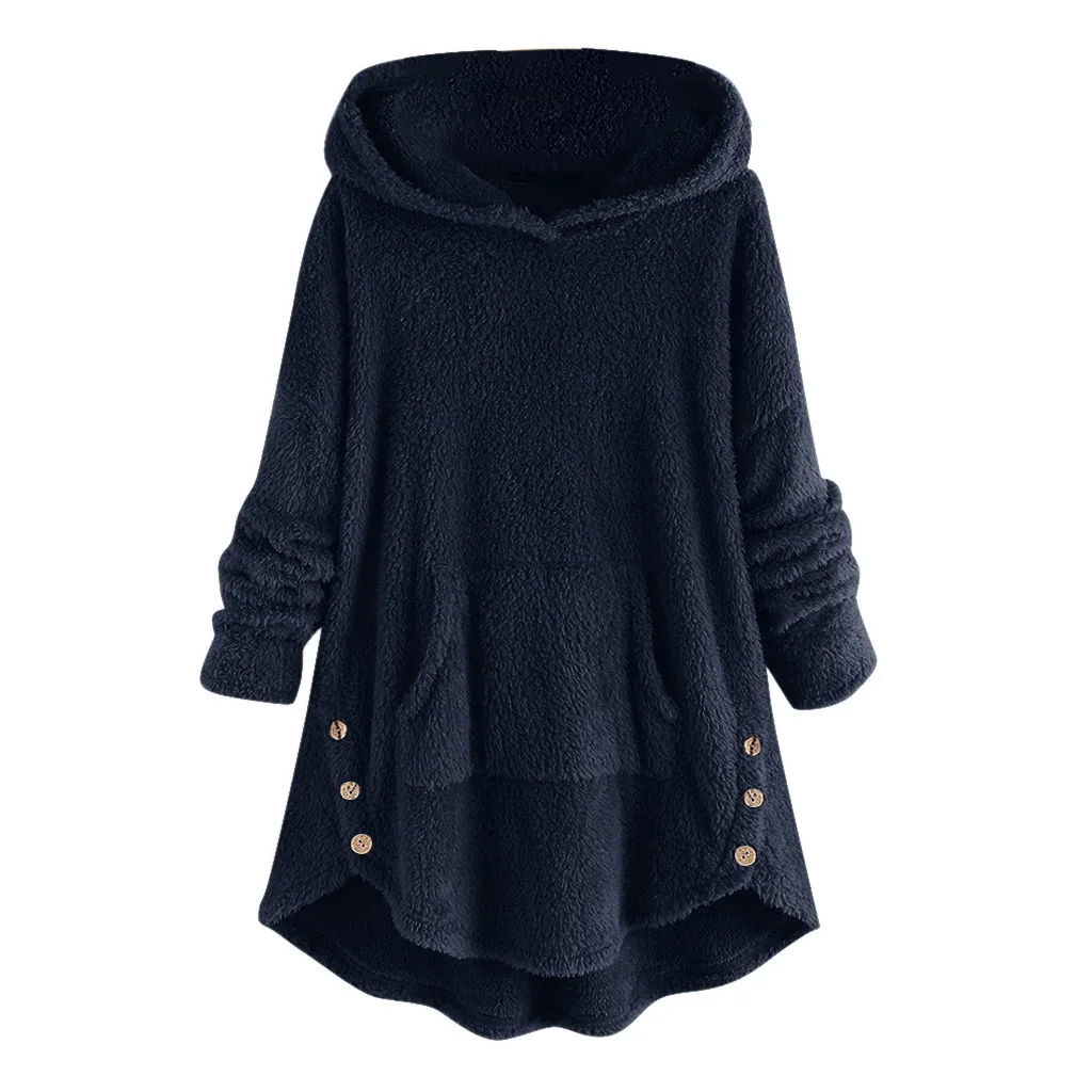 

Nice Autumn and Winter Warm Hoodie Women's Hooded Plush Fleece Asymmetric Button Hem Sweatshirt