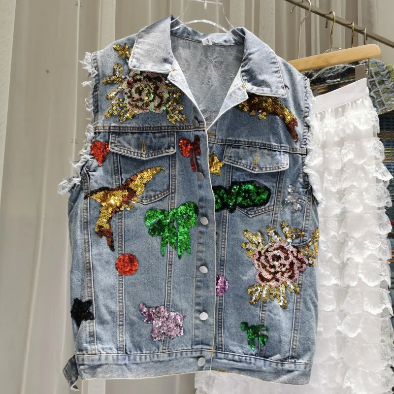 

2021 Women Jean Vest Spring Cowboy Top Sleeveless Overcoat Denim Jackets Sequins Women Outwear Female Waistcoat Y696