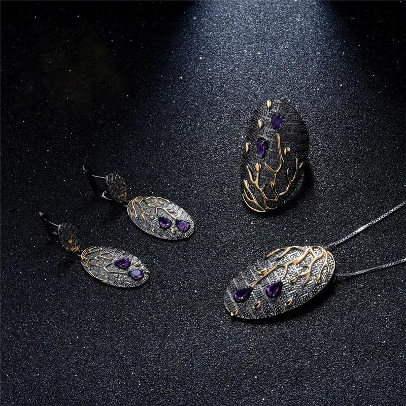 FFLACELL 2020 Винтажное кольцо с фиолетовым цирконием в стиле дерева из сплава женское