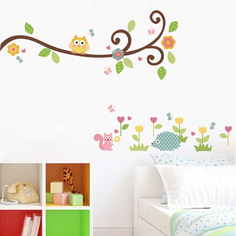 

Owls Tree Branch Flower Vine Wall Sticker Kids Bedroom Decorations Nursery Cartoon Children Decals Diy Animal Wall Mural Art