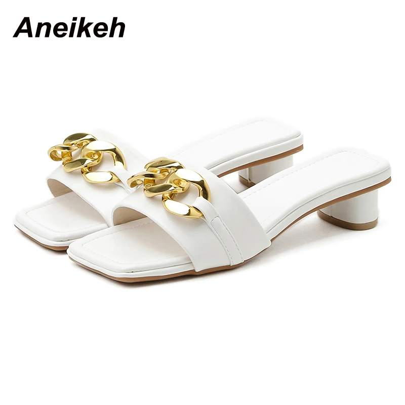 

Aneikeh Women Shoes Summer Beach Mules Outside 2022NEW Decoratio Solid Slippers Thick With PU Slides Sexy Fashion Mules Shallow