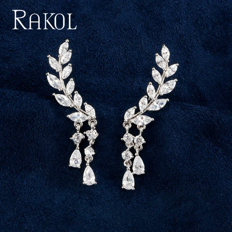 

RAKOL 2022 New Exquisite Cubic Zirconia Leaf Dangle Earrings for Women Girl Cute Bridal Wedding Party Fashion Jewelry