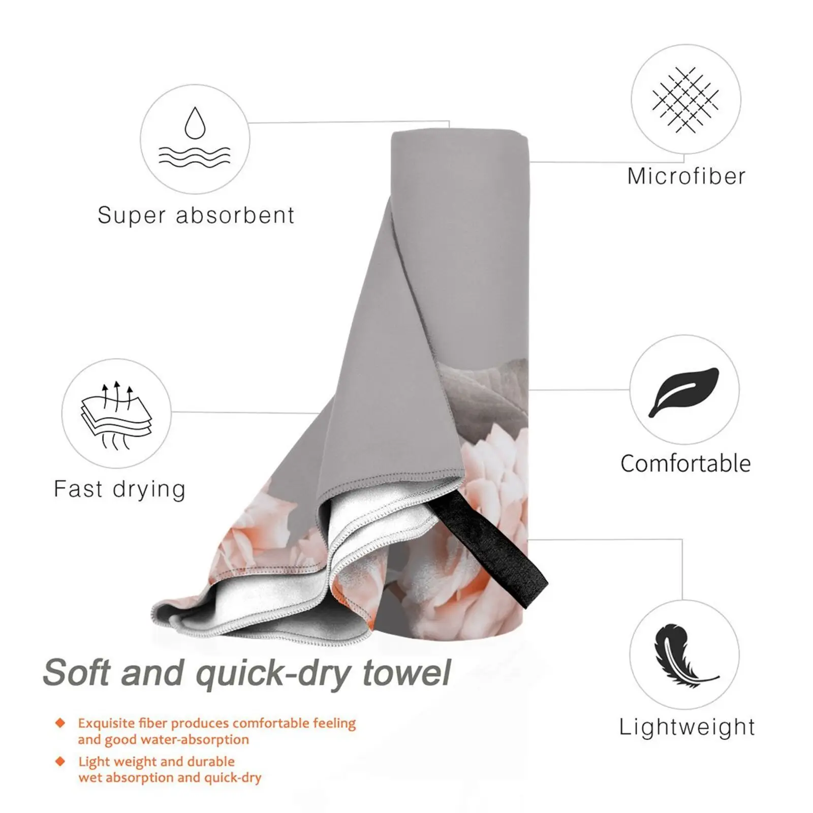 Shabby Chic Vintage Peach Roses Frame On Gray Quick Dry Towel Gym Sports Bath Portable Persian Carpet Look Rose Tinted Field