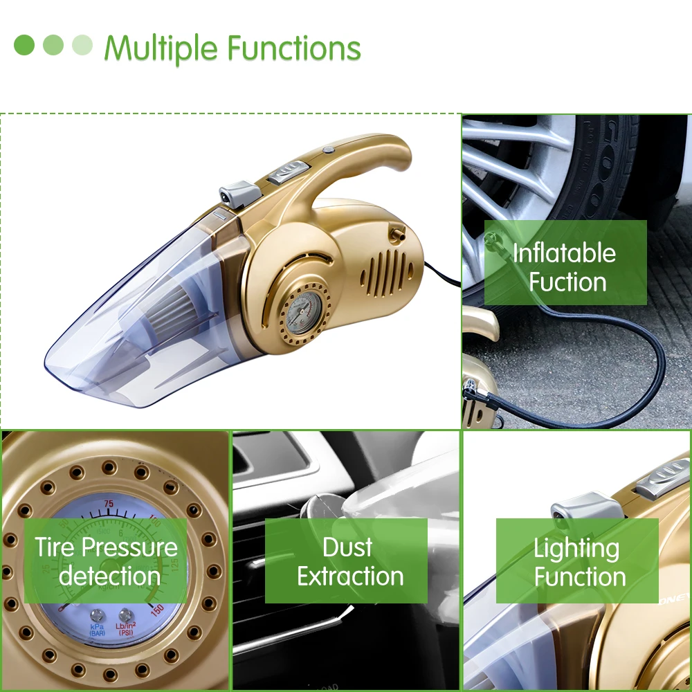 comprar Novo 4 Em 1 Multi-função Molhado Seco Carro Aspirador De Pó Portátil 12v 120w 150psi Carro Compressor De Ar Pneu Inflator Com Luz Led