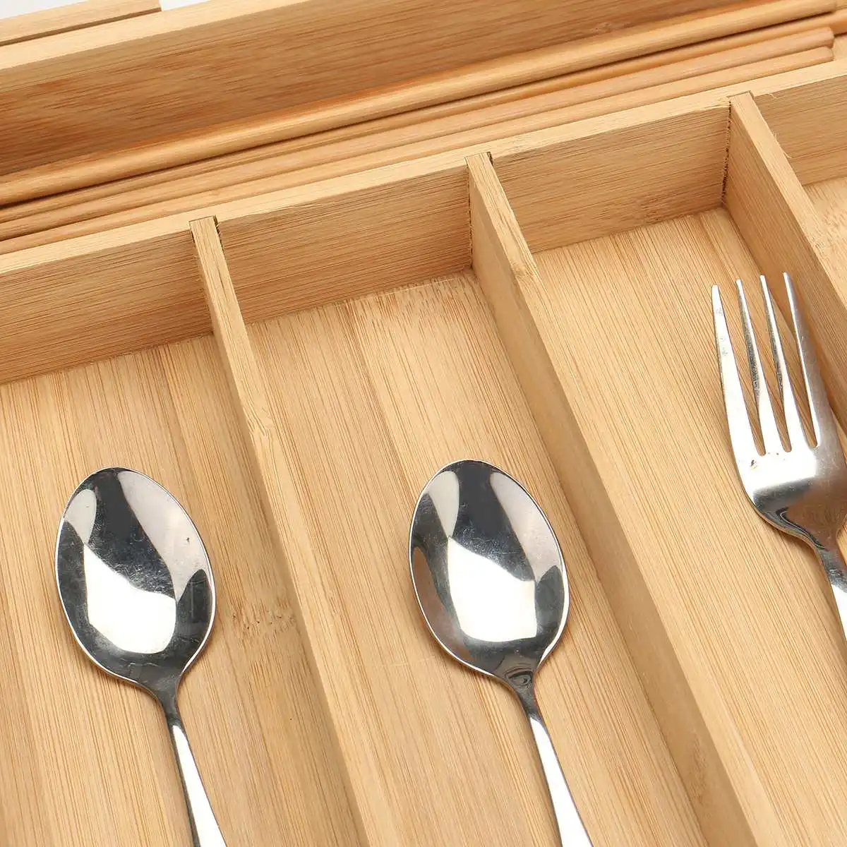 

7-Grid Retractable Bamboo Drawer Organizer Kitchen Cutlery Tray Expandable Utensil Flatware Storage Knife Holder
