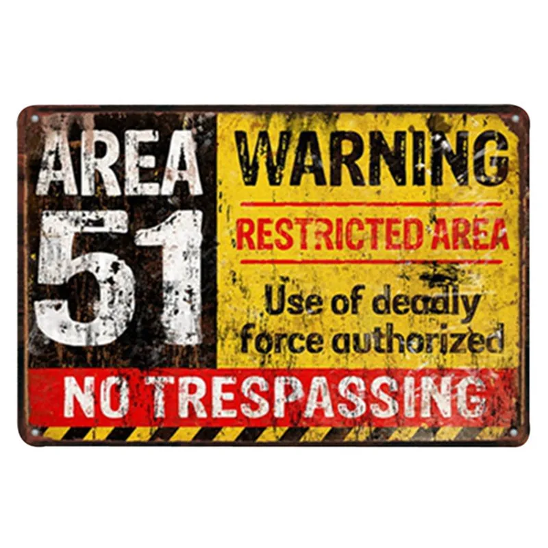 

AREA 51 NO TRESPASSING Rustic Warning Sign Metal Wall Plaques Horror Rectangle Tin Home Art decoration Caution Letter 20x30cm