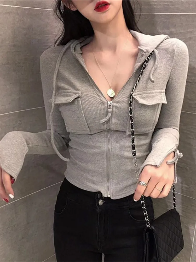

2022 Spring Autumn New Korean Style Slim Ladies Coat Hooded Knit Sweater Women's Cardigan Sweater Solid Short Zipper