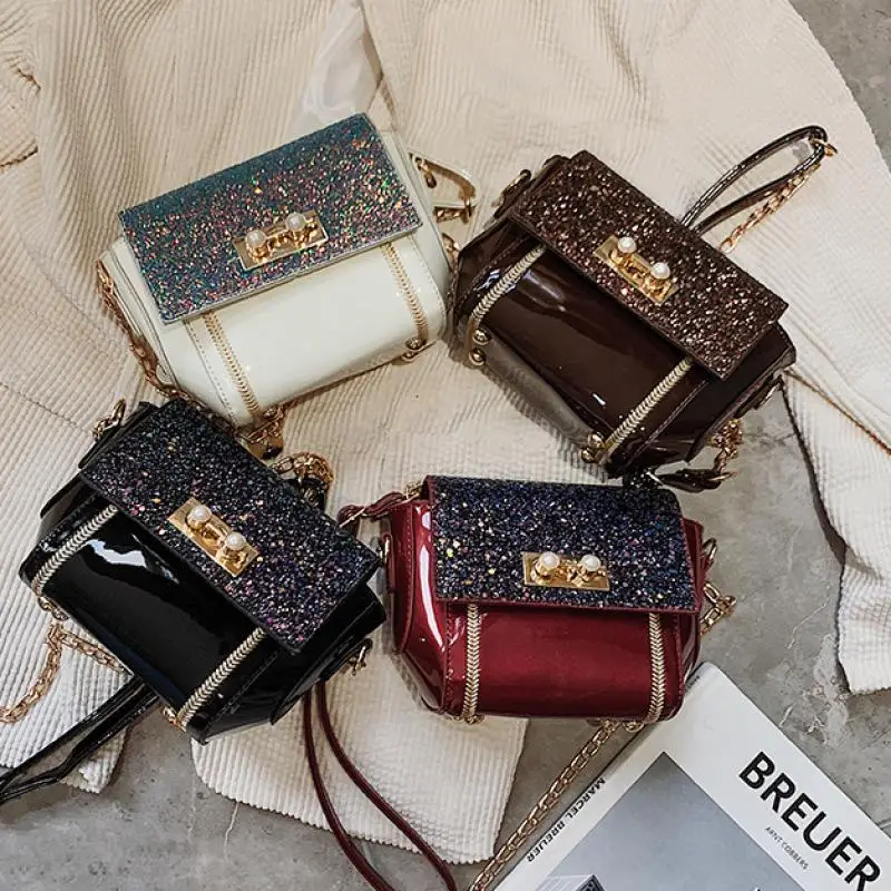 Модная сумка через плечо из лакированной кожи с блестками женская на