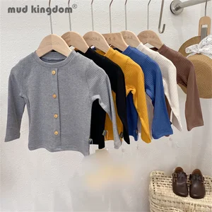 Mudkingdom Kids Undershirts Solid Crew Neck Button High Elasticity Slim Tops for Girls Long Sleeve Casual T-shirts Spring Autumn