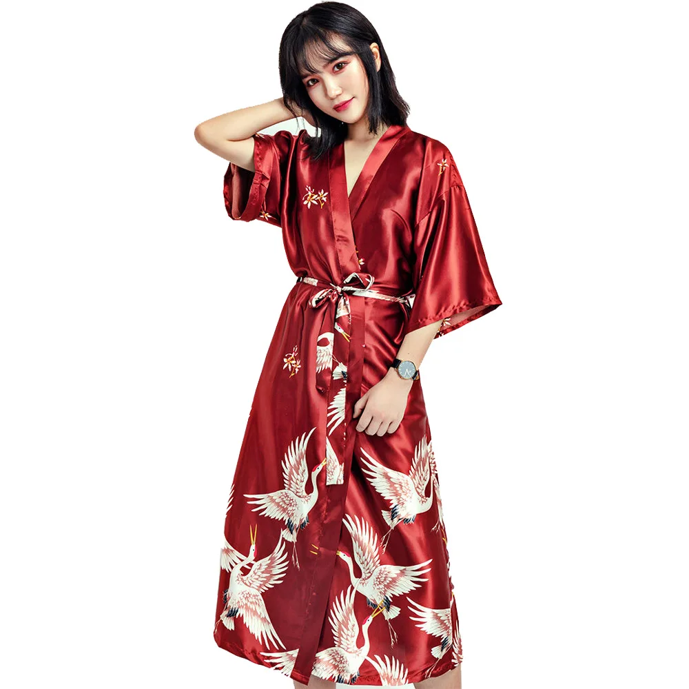 Женское шелковое атласное кимоно длинная Пижама с цветочным принтом 3XL|Халаты| |