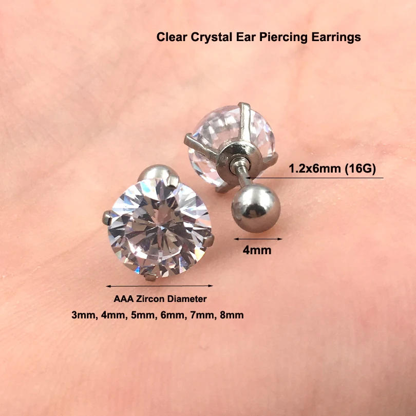2 Pcs 16G Rod 3~8mm Clear Crystal Ear Piercing Stud Earring AAA Zircon Tragus Earrings Helix Conch Lobe Body Jewelry | Украшения и