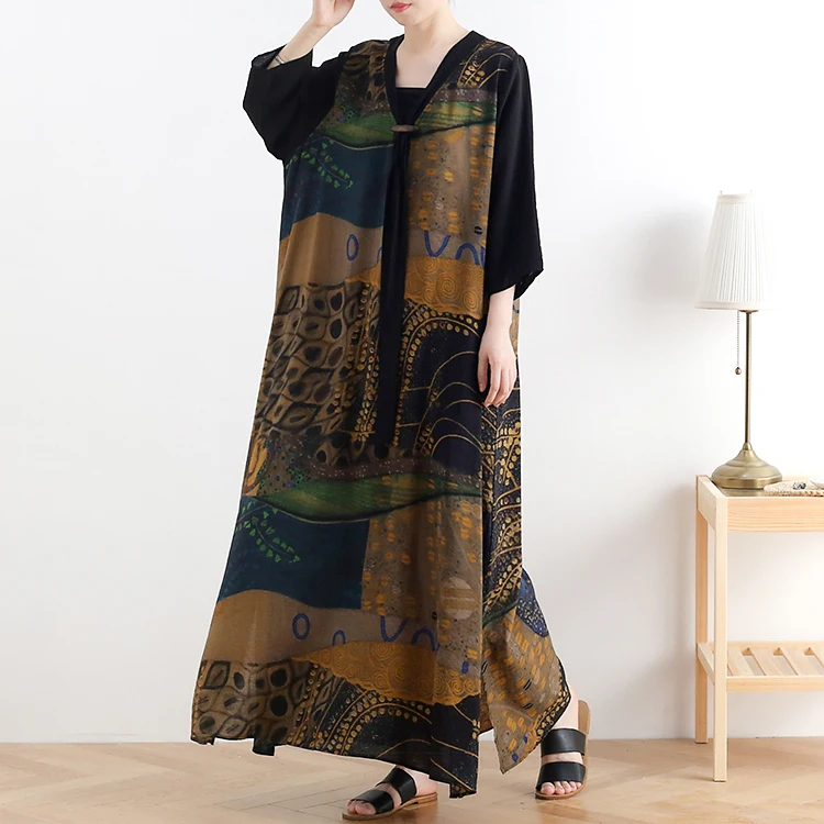 

New Vintage Printed Chiffon Silk Long Dress V Neck Half Sleeve Loose Waist Women Summer Casual Dresses Retro Style Plus Size