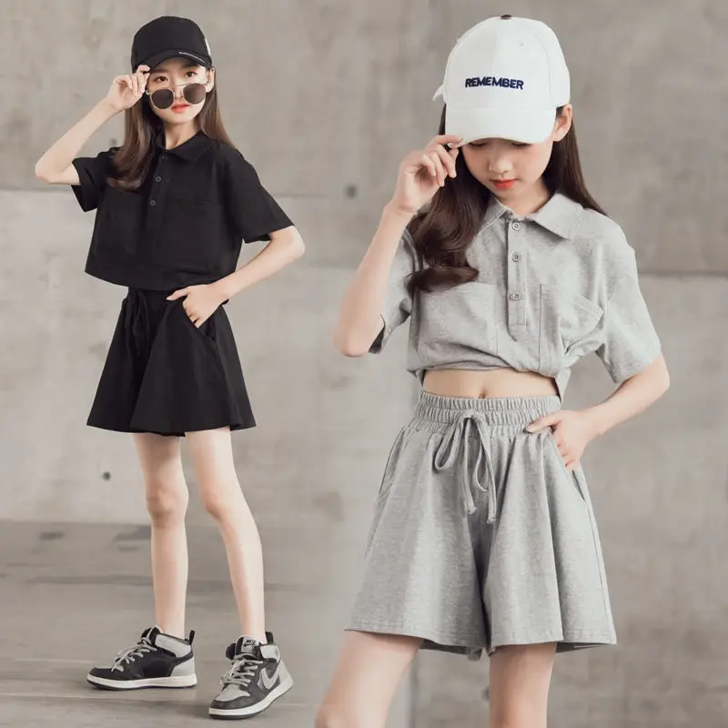 

Summer Girls 2021 New Children's Western Style Korean Sports Two-Piece Suit, Big Children's Short-Sleeved + Pants Two-Piece Suit